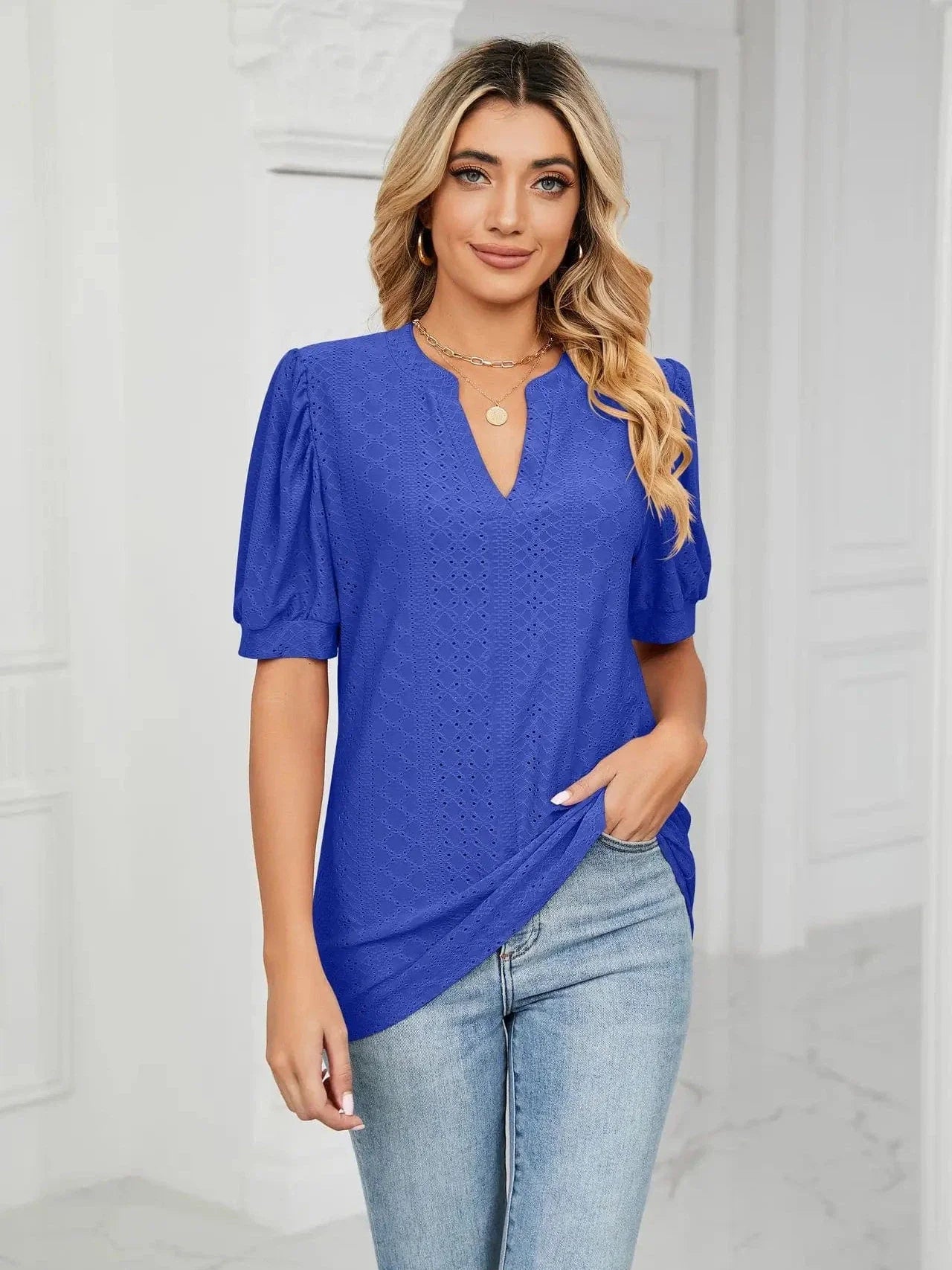 Summer New Clothing Casual Top for Women V-neck Shirts for Women Solid Color Hollow Bubble Sleeve Loose T Shirt Women Tops