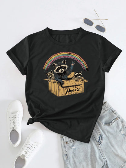 'Adopt a Cat' Raccoon and Rainbow Print T-shirt Short Sleeve Crew Neck Casual Top For Summer & Spring Women's Clothing