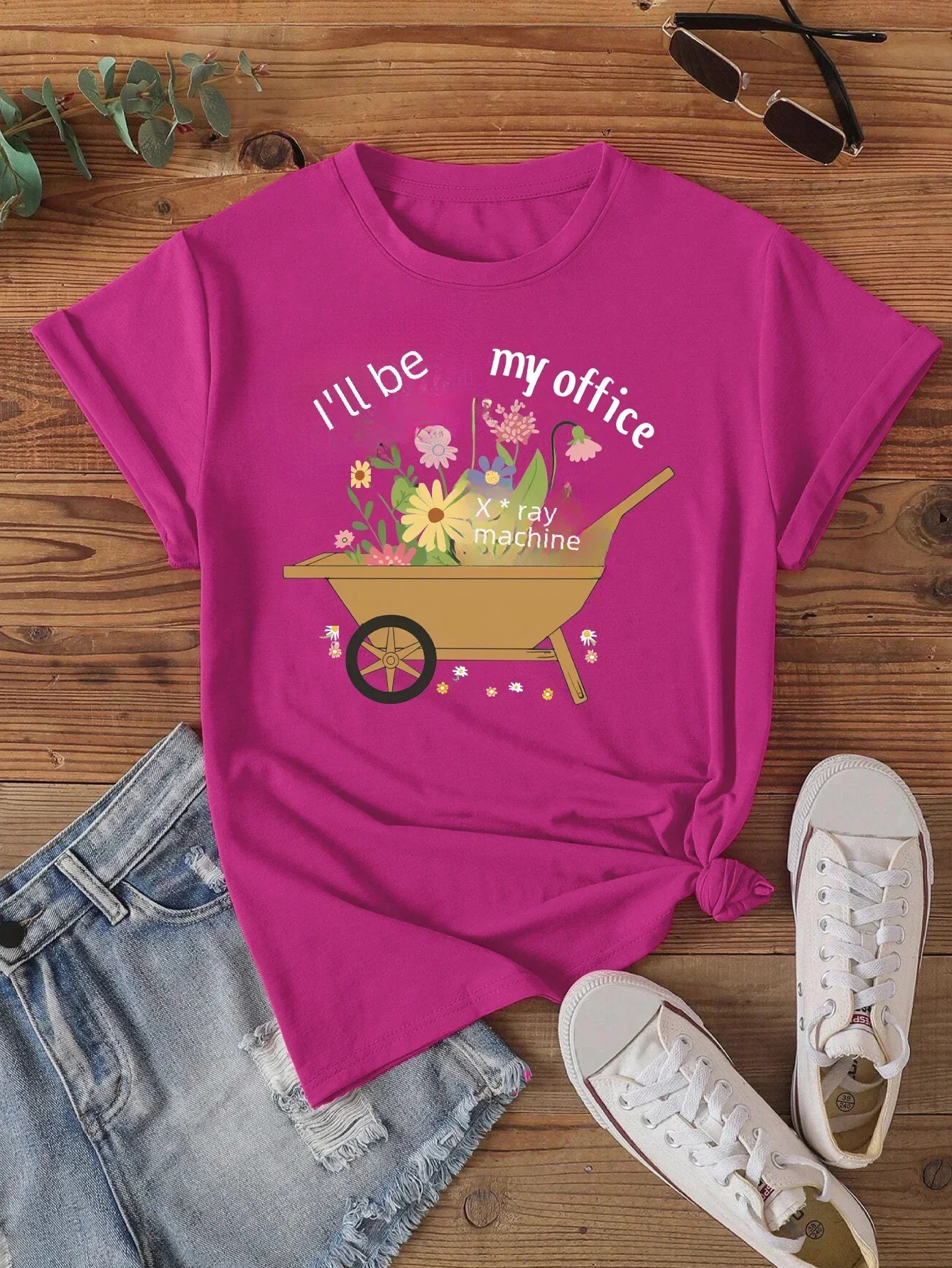 'I'll be in my office' Wheelbarrow Print T-shirt Short Sleeve Crew Neck Casual Top For Summer & Spring Women's Clothing