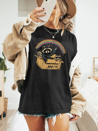 'Adopt a Cat' Raccoon and Rainbow Print T-shirt Short Sleeve Crew Neck Casual Top For Summer & Spring Women's Clothing