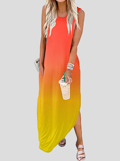 Sophisticated Sleeveless Ombre Print Dress with Pocket