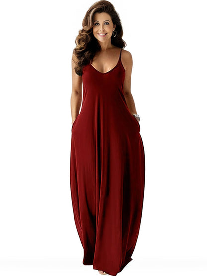 V-neck Solid Pocket Casual Sling Dress Sundress