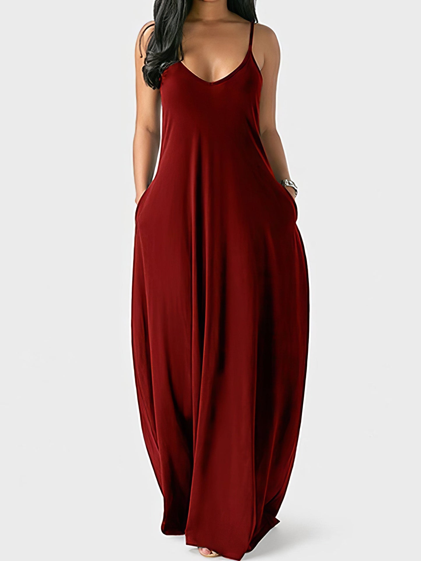 V-neck Solid Pocket Casual Sling Dress Sundress