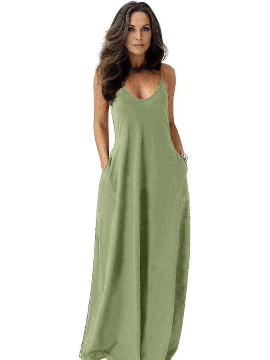 V-neck Solid Pocket Casual Sling Dress Sundress