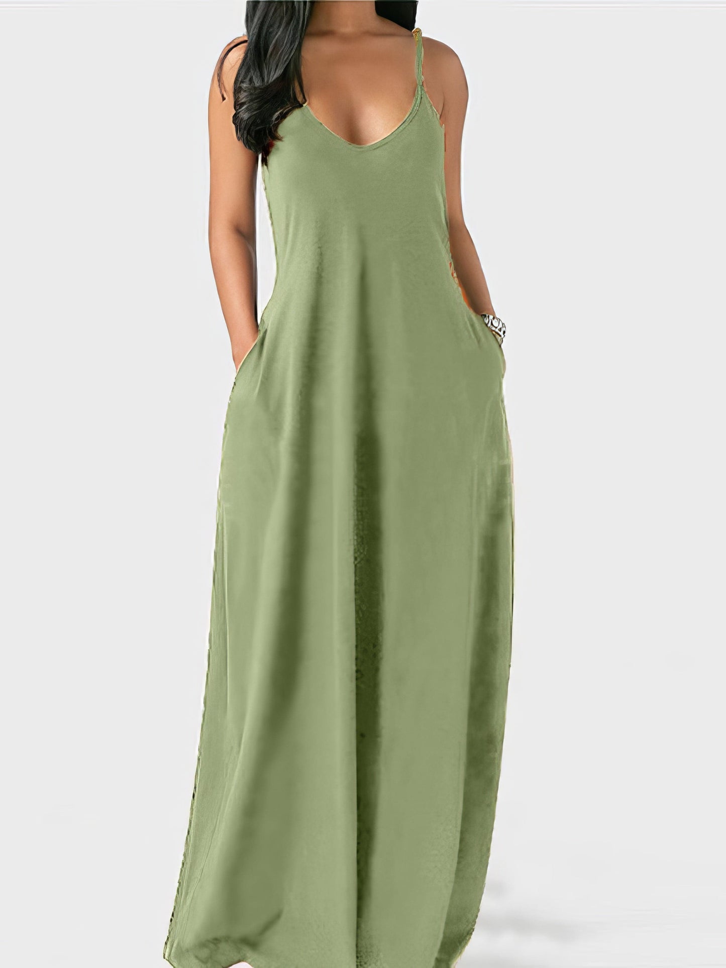 V-neck Solid Pocket Casual Sling Dress Sundress