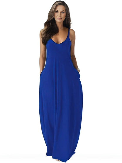 V-neck Solid Pocket Casual Sling Dress Sundress