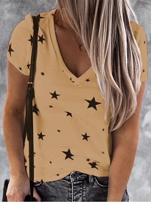 V-neck Star Print Short-sleeved T-shirt with Stylish Drop Shoulder