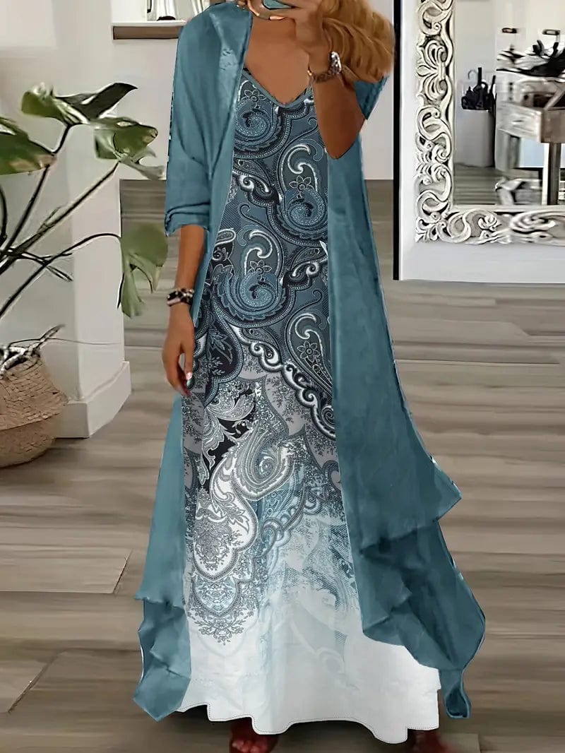 Ethnic Print Long Sleeve Cardigan and Maxi Dress Set for Women