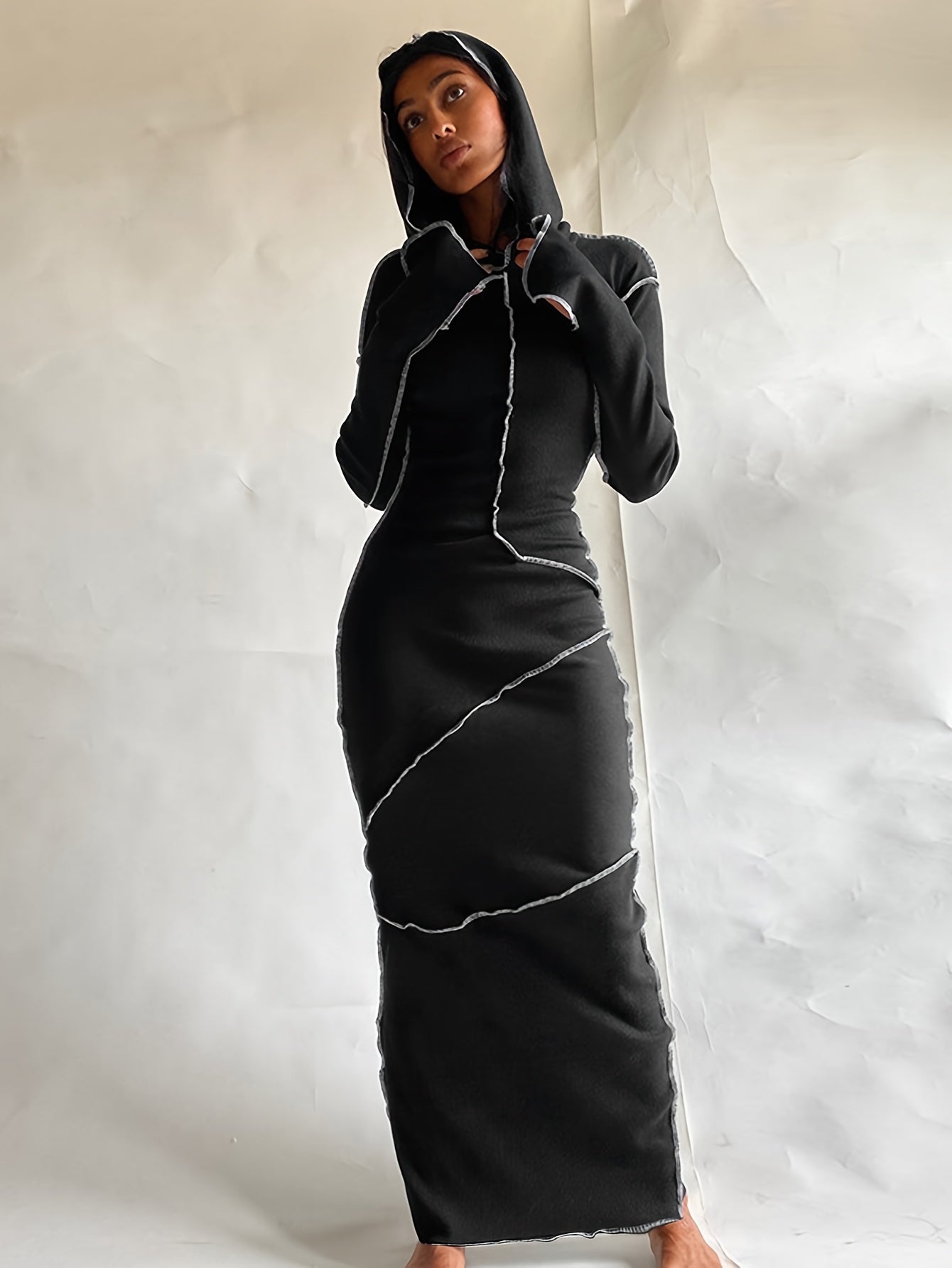 Chic Bodycon Maxi Dress with Hood & Stitching