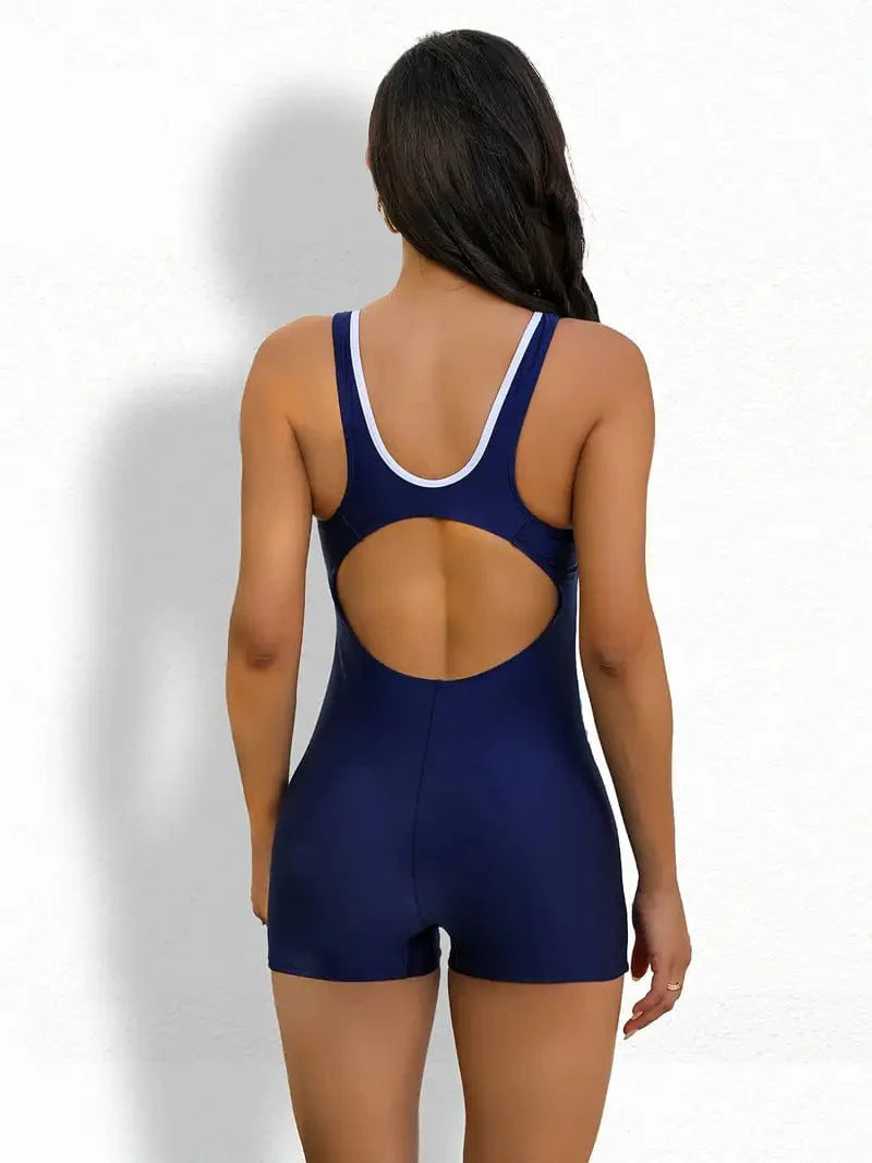 Navy Blue Patchwork Actionback Swimsuit for Women - Ideal for Water Sports and Beach Activities
