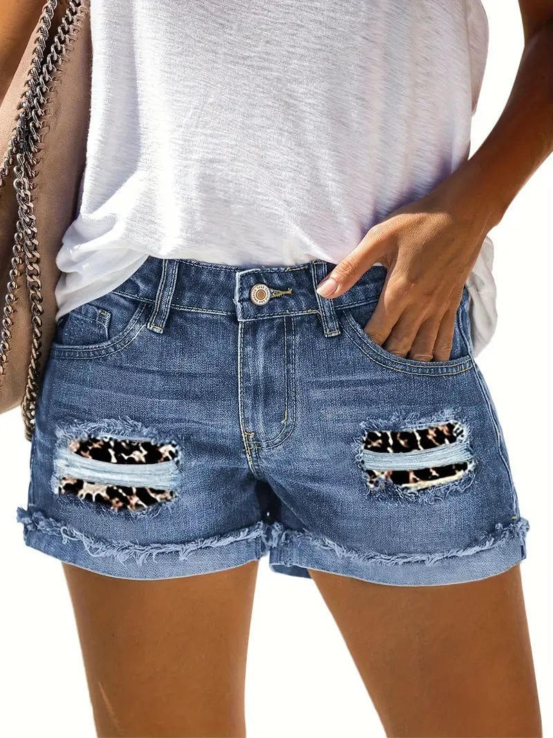 Trendy Vintage Denim Shorts with Leopard Patchwork - Relaxed Straight Leg Fit, Raw Folded Hem for Summer Style