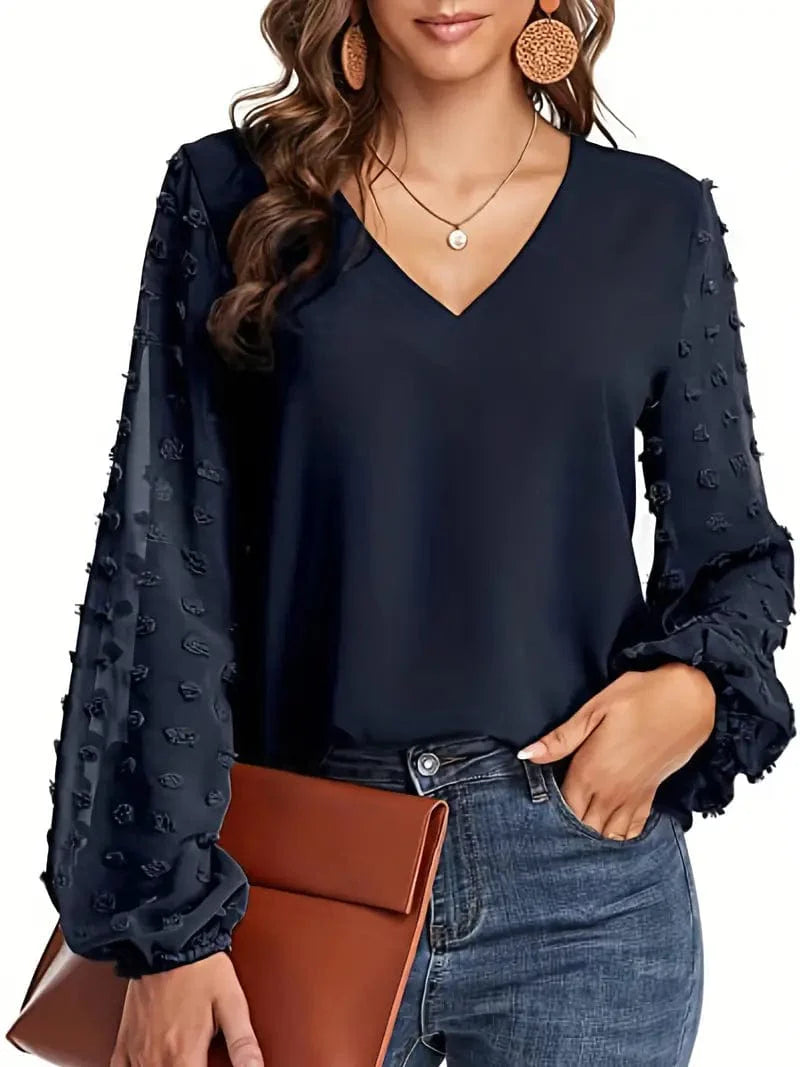 Swiss Dot Sleeve Shirt, Solid V Neck Casual Top for Spring & Autumn, Women's Apparel