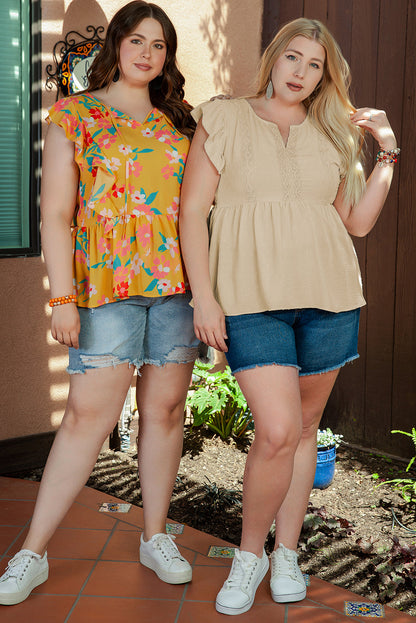 Yellow Plus Size Ruffle Trim Tie Neck Floral Peplum Tank Top