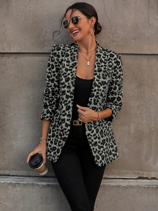 Leopard Pattern Open Front Jacket, Stylish Collared Blazer for Office and Work, Women's Apparel