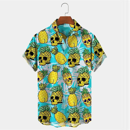 Men's Shirt Summer Hawaiian Shirt Skull Pineapple Graphic Prints Turndown Blue Outdoor Street Short Sleeves Button-Down Print Clothing Apparel Tropical Fashion Hawaiian Designer