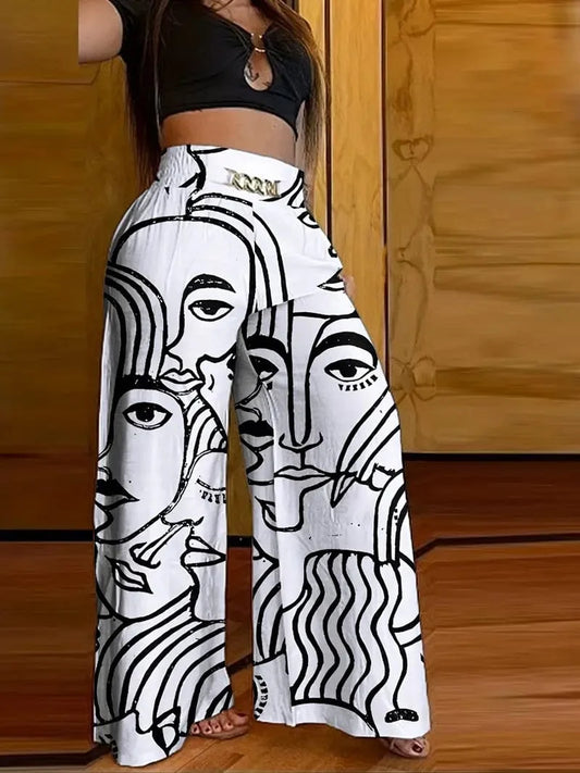 Abstract Face Print Wide Leg High Waist Pants for Women