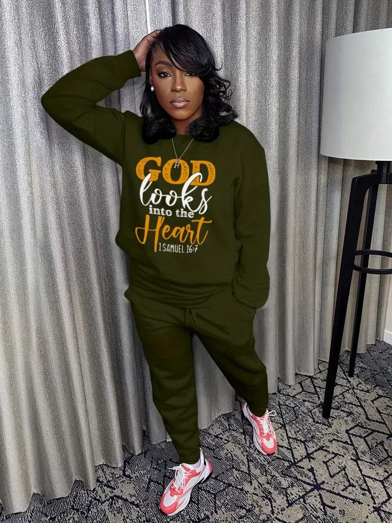 Stylish Fitness Two-piece Set with God Letter Print Tops & Solid Jogger Pants, Women's Activewear