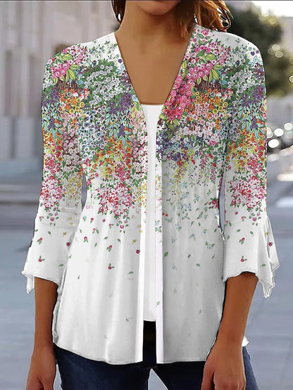 Women's Casual Jacket Print Flower Daily Loose Fit Outerwear 3/4 Length Sleeve Light Blue S - LuckyFash™