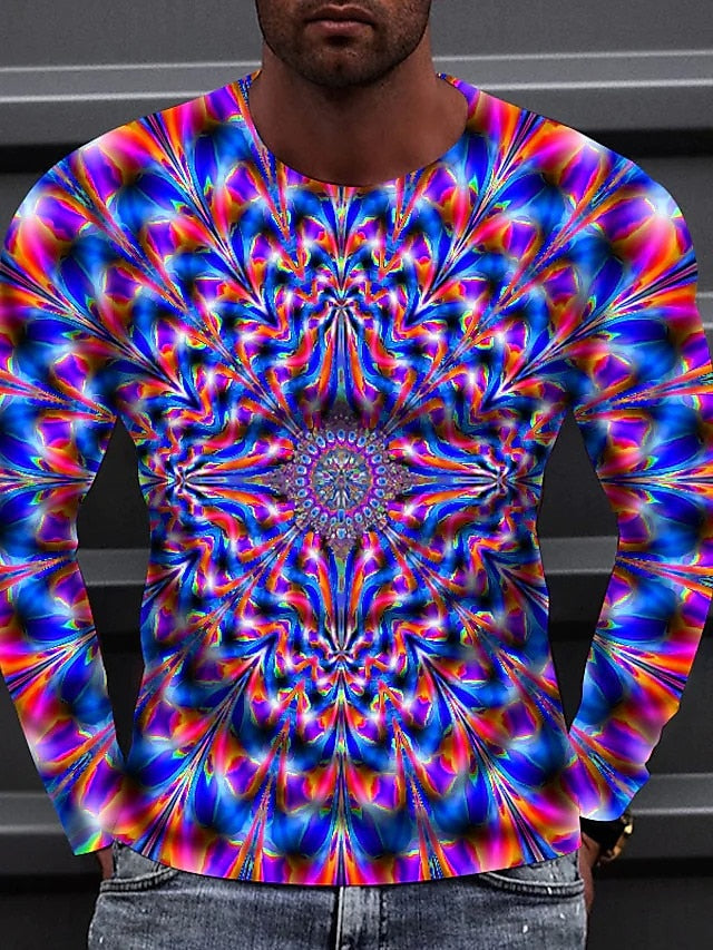 Spiral Stripe Crew Neck Men's Long Sleeve T-shirt with Optical Illusion Graphic Prints