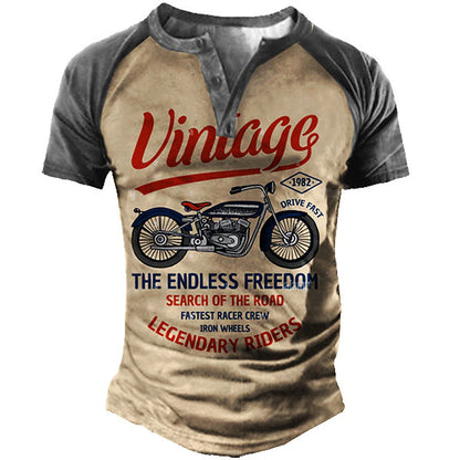 Men's T shirt Tee Henley Shirt Tee Graphic Letter Motorcycle Henley Blue Brown Green Khaki 3D Print Plus Size Outdoor Daily Short Sleeve Button-Down Print Clothing Apparel Designer Stylish Vintage