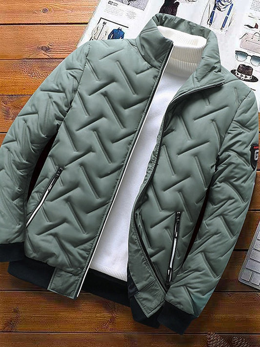Men's Puffer Jacket Bomber Jacket Quilted Jacket Full Zip Casual Daily Wear Regular Casual Daily Trendy Windproof Warm Fall Winter Stripes and Plaid Black Light Green Gray Puffer Jacket