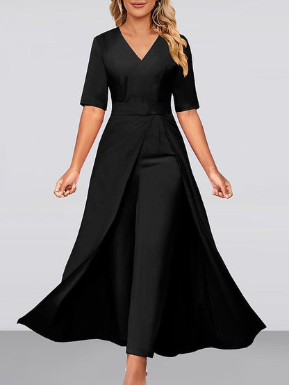 Elegant V Neck Jumpsuit with Overlay Detail