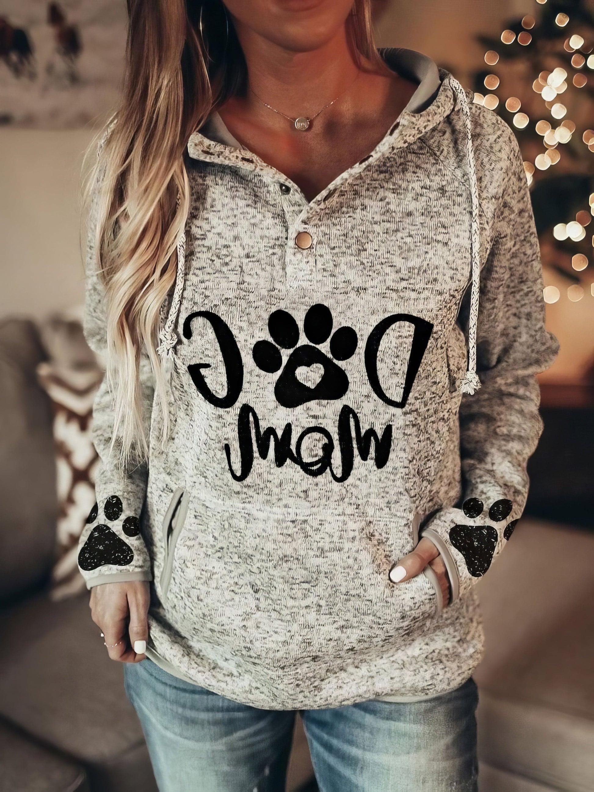 Animal Paw Print Pullover Button Hoodie - Gray - Women's Casual/Fashion Style