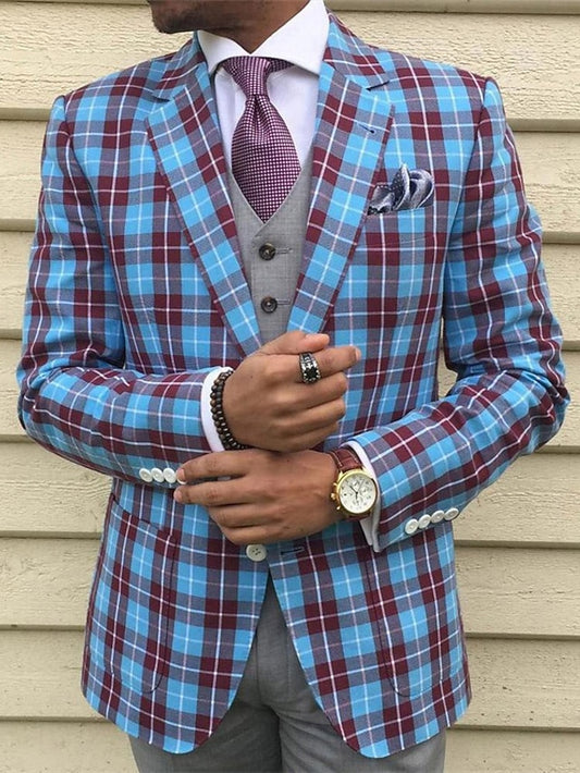 Blue Plaid Polyester Men's Blazer for Business and Parties