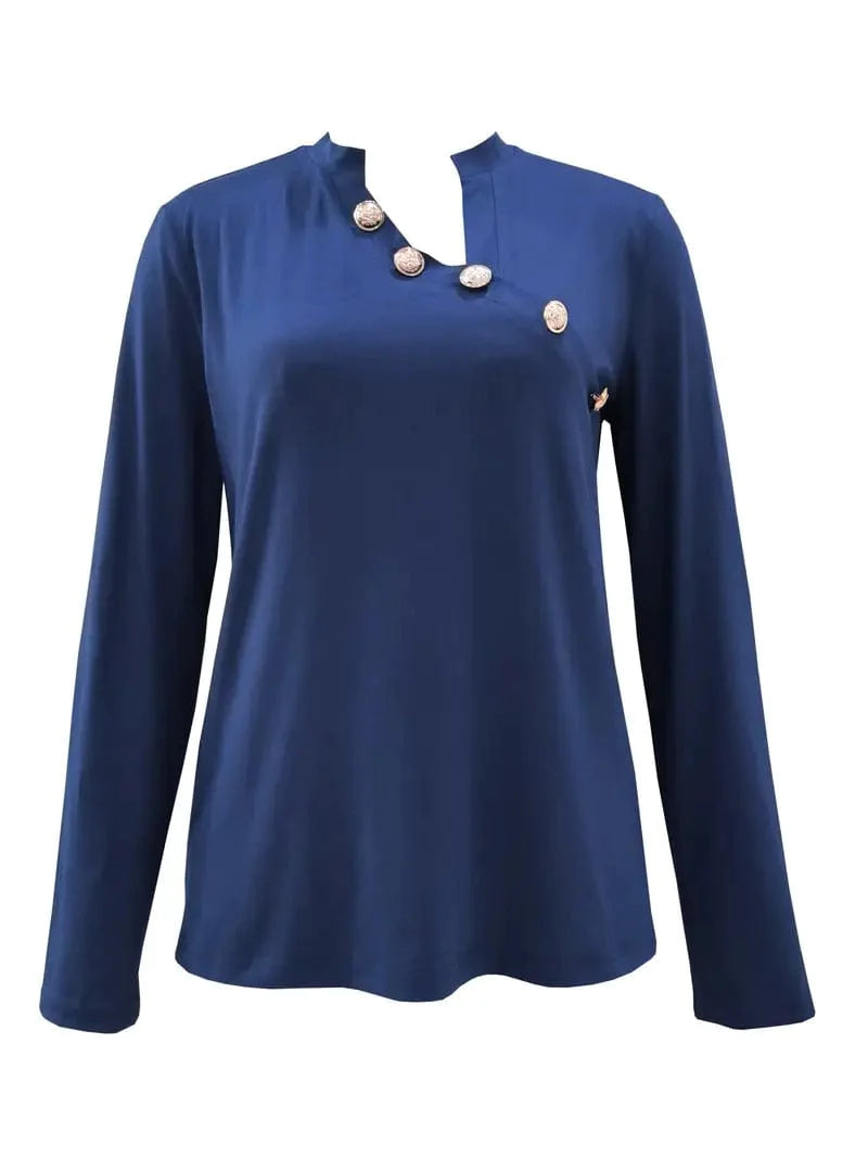 Asymmetric Neckline Button Down Top, Solid Color Long Sleeve Casual Blouse, Women's Fashion