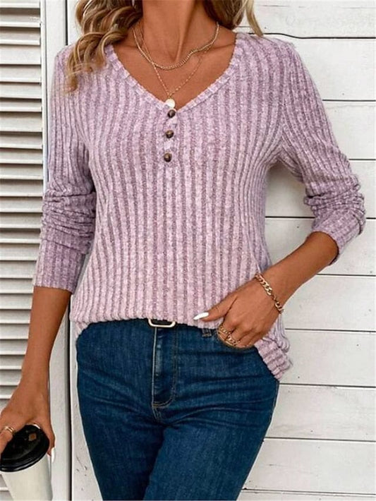 Purple Ribbed Long Sleeve Blouse for Women's Casual and Streetwear