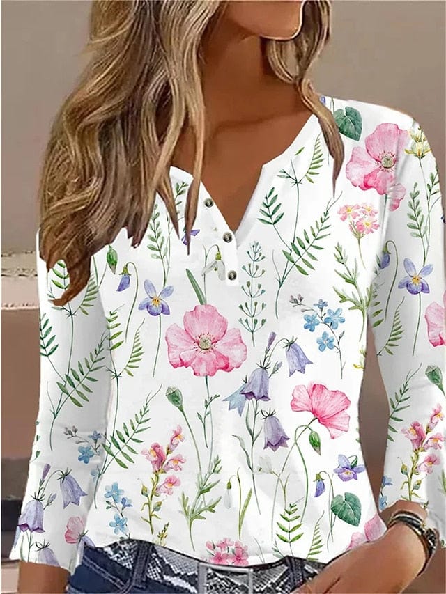 Luxurious Velvet Floral Print Henley T-Shirt for Women with Long Sleeves
