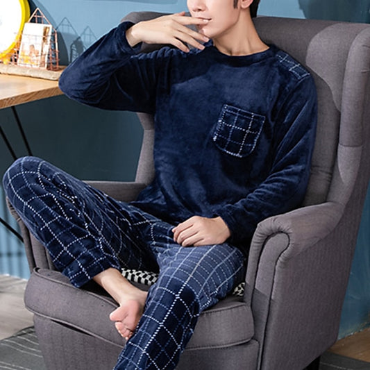 Men's Pajamas Loungewear Sleepwear Pajama Top and Pant 2 Pieces Cartoon Fashion Plush Soft Home Bed Flannel Crew Neck Long Sleeve Pant Basic Fall Winter 1# 2#