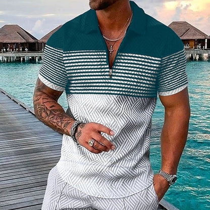 Striped Men's Golf Polo Shirt with Zipper Detail