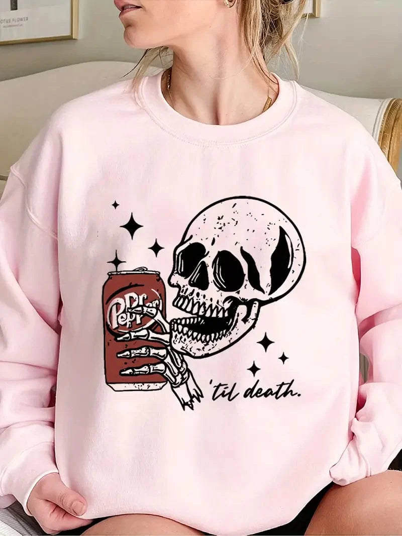 Loose Fit Skull Print Pullover Sweatshirt for Women