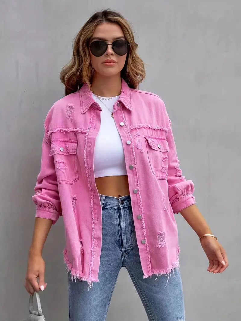 Oversized Distressed Denim Jacket with Flap Pockets & Button Closure