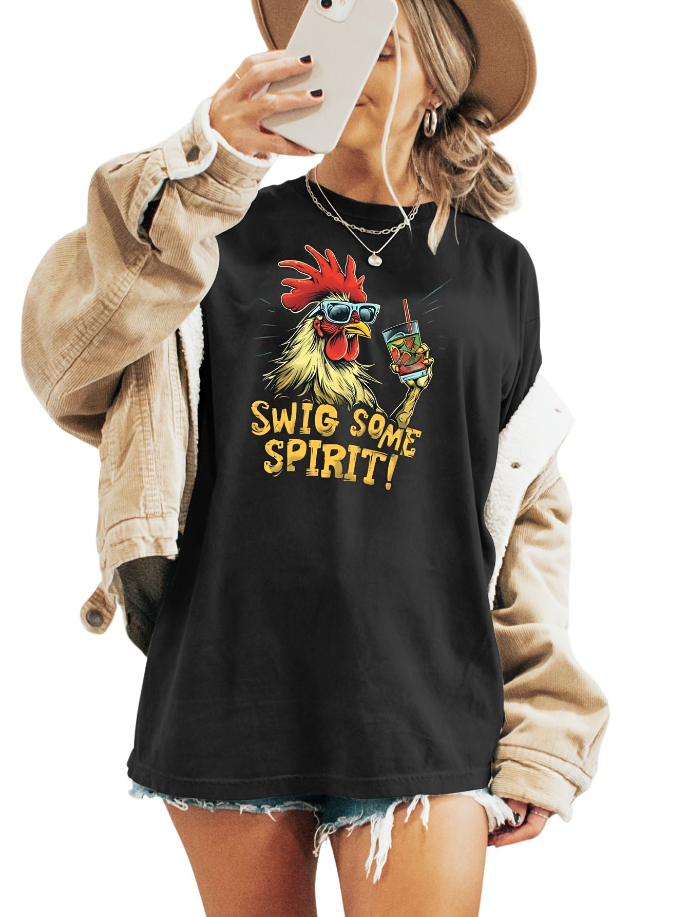 Chicken Print T-shirt, Short Sleeve Crew Neck Casual Top For Summer & Spring, Women's Clothing