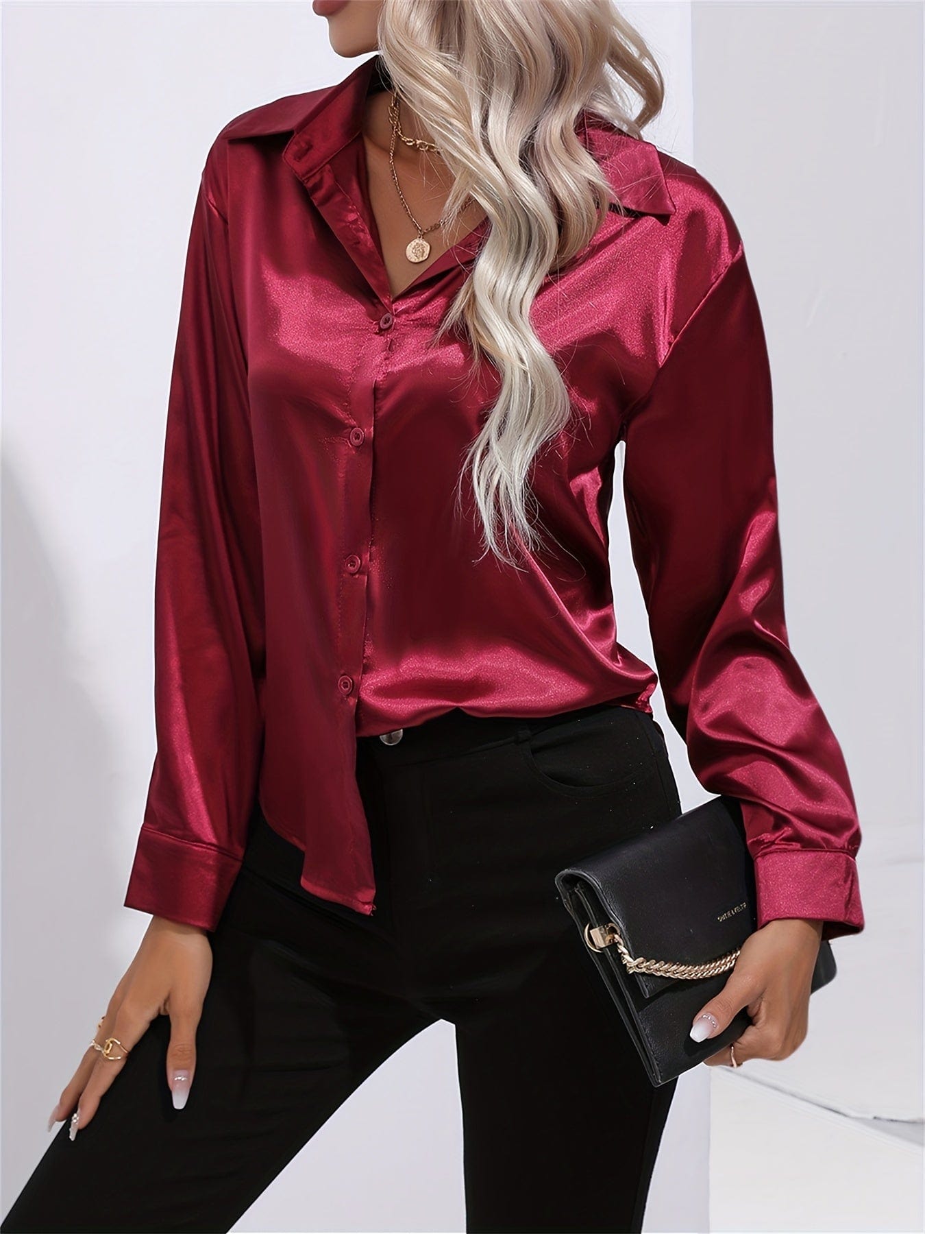 Solid Elegant Smoothly Button Front Long Sleeve Blouse