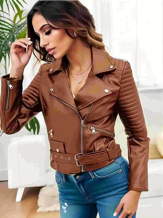 Leather Biker Jacket with Zipper Detail, Stylish Streetwear Outerwear for Women