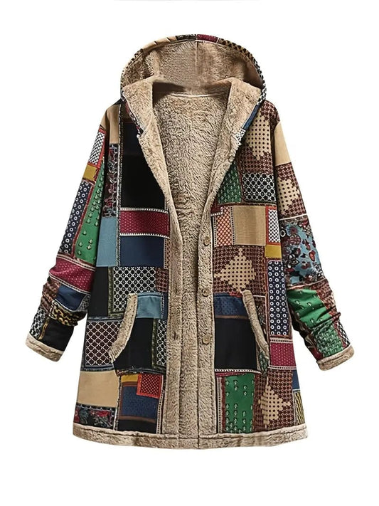 Quilted Patchwork Hooded Coat, Stylish Long Sleeve Button Down Lightweight Jacket For Autumn & Winter, Women's Apparel