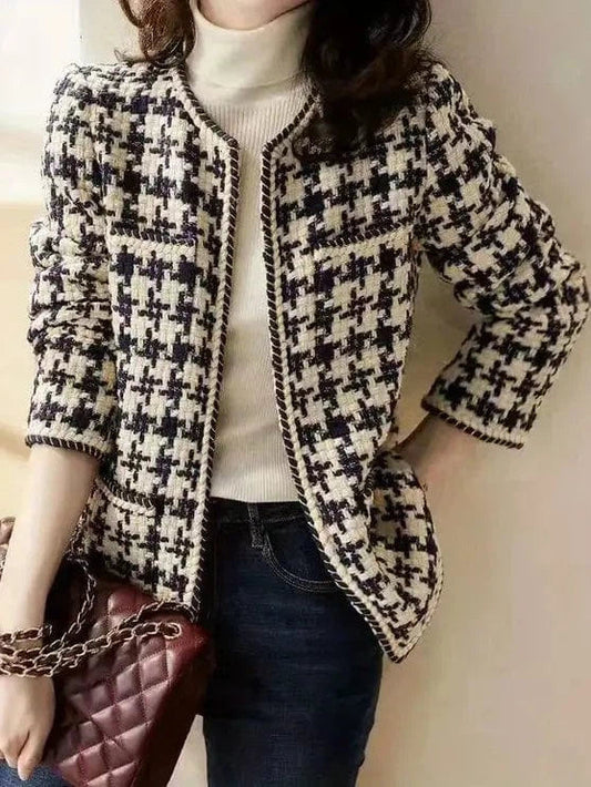Stylish Plaid Jacket with Long Sleeve Crew Neck, Open Front Women's Outerwear
