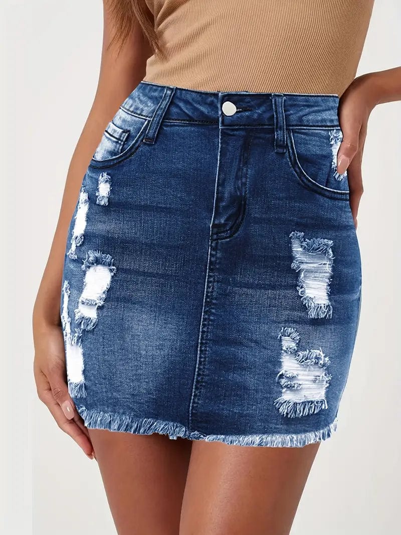 Ripped Denim Mini Skirt with Raw Hem and High Stretch Denim Fabric, Casual Distressed Skirt for Women