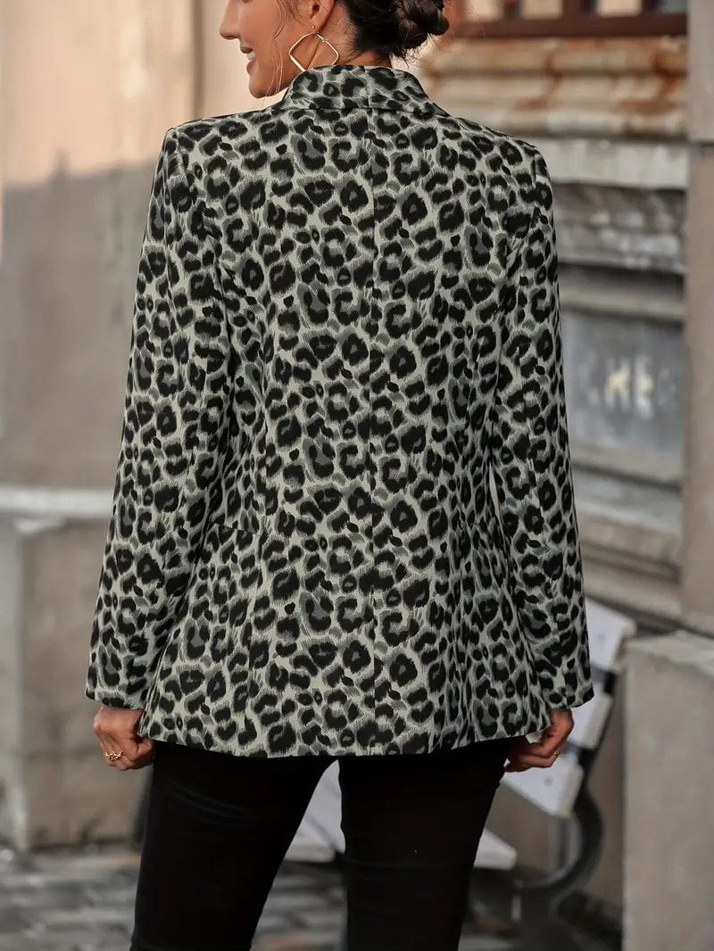 Leopard Pattern Open Front Jacket, Stylish Collared Blazer for Office and Work, Women's Apparel