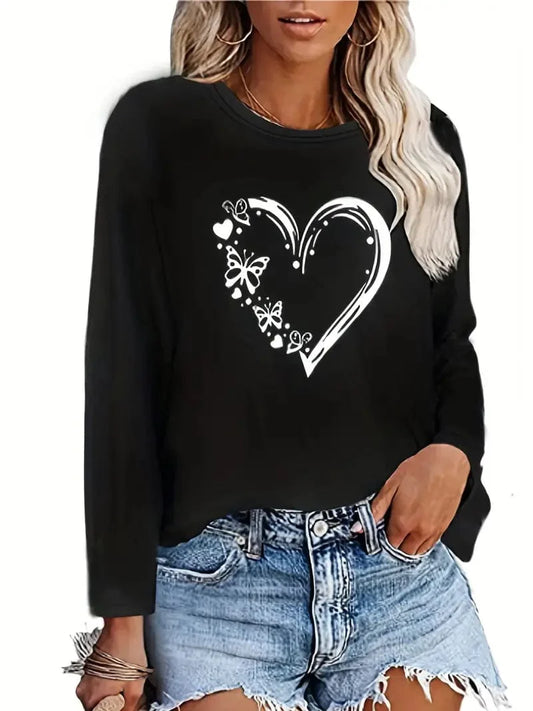 Heart & Butterfly Printed Crew Neck T-Shirt, Stylish Long Sleeve Tee For Spring & Autumn, Women's Fashion