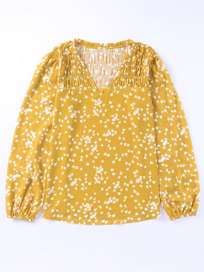 Yellow Floral V-Neck Crinkled Blouse for Early Fall