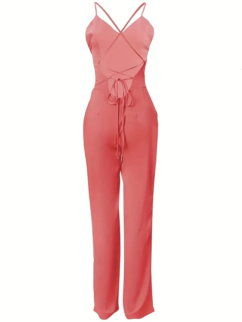 Backless V-neck Jumpsuit with Cross Tie Detail, Stylish Solid Jumpsuit Perfect for Spring & Summer, Women's Fashion