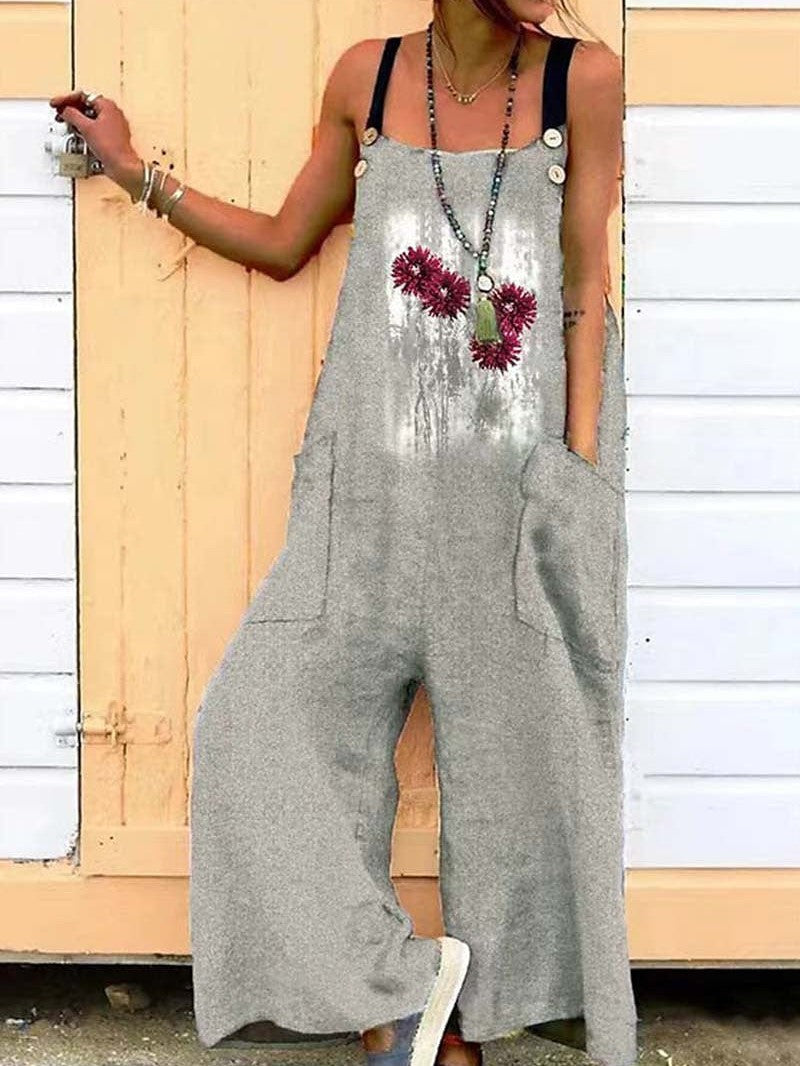 Floral Print Adjustable Strap Jumpsuit with Backless Design and Side Pockets