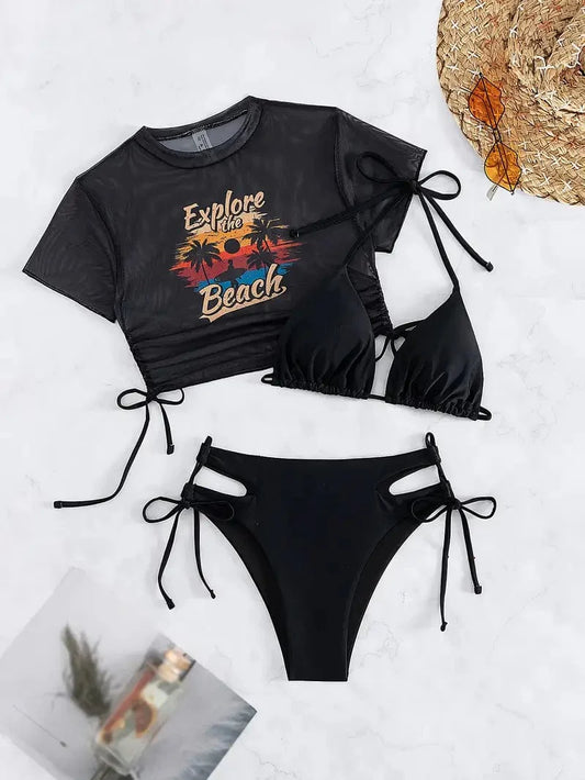 Beach Scene Black 3-Piece Swimsuit Set with Halter Bikini & Cover Up