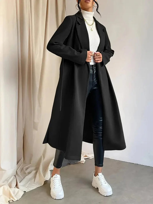 Belted Solid Open Front Coat with Split Design and Chic Lapel - Women's Outerwear for Fall & Winter