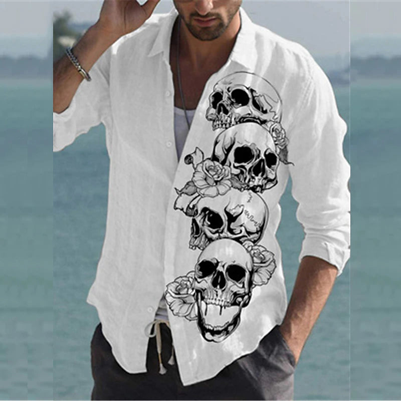Men's Shirt Graphic Shirt Skull Turndown White 3D Print Outdoor Street Long Sleeve Button-Down Print Clothing Apparel Fashion Designer Casual Breathable