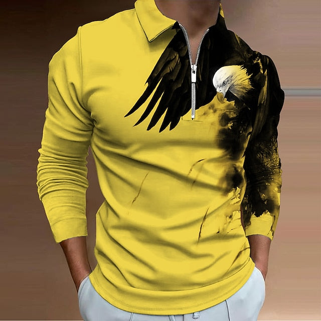 Men's Polo Shirt Golf Shirt Animal Graphic Prints Eagle Turndown Light Yellow Yellow Blue Purple Brown 3D Print Outdoor Street Long Sleeve Print Zipper Clothing Apparel Fashion Designer Casual Soft